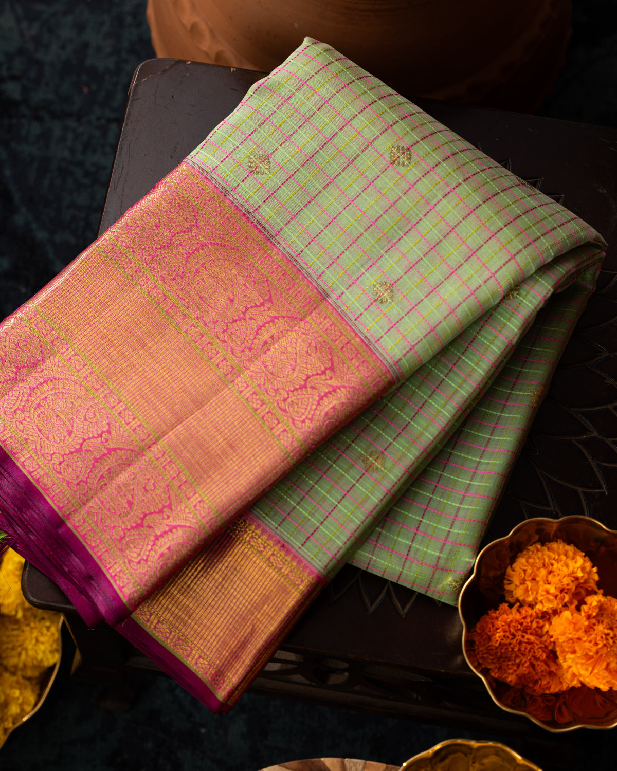 Pastel Green & Pink Kanchipuram Silk Saree With Checks & Buttas
