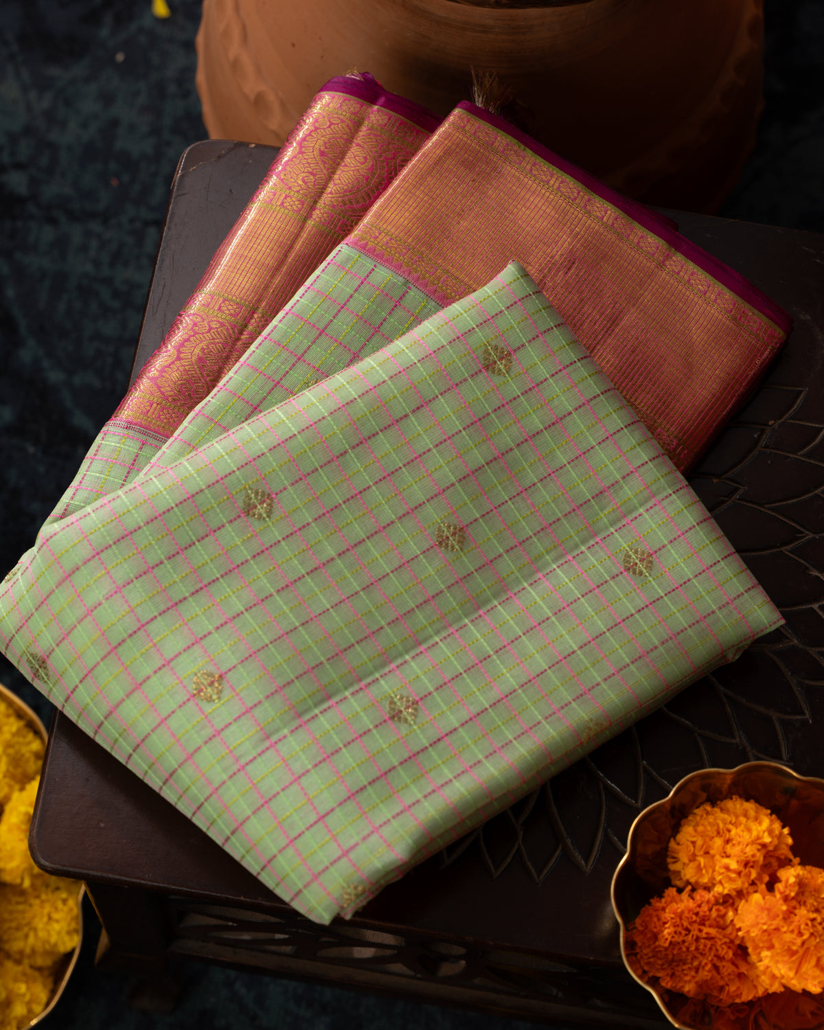 Pastel Green & Pink Kanchipuram Silk Saree With Checks & Buttas