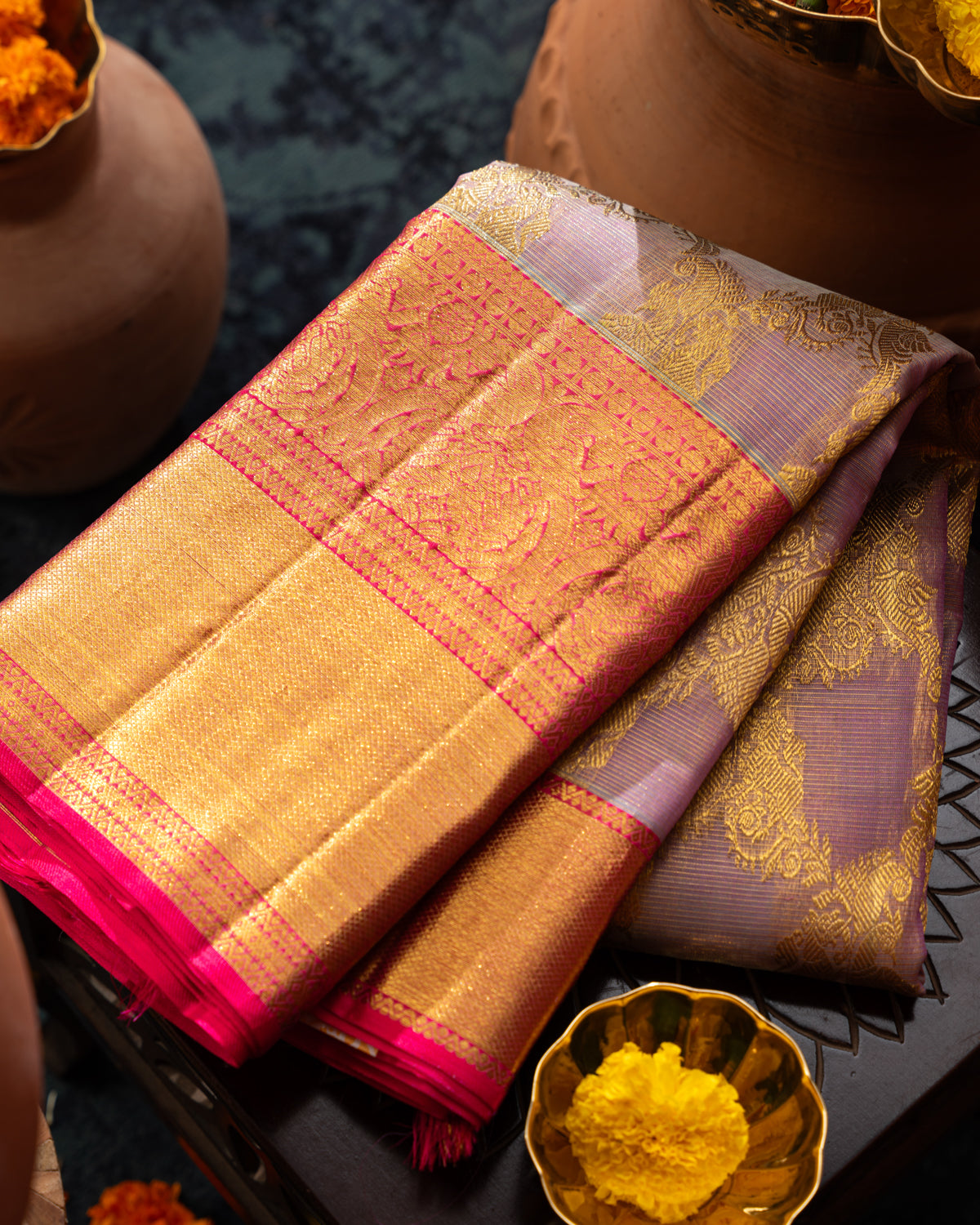 Lavender & Pink Kanchipuram Kora Silk Saree With Gold Zari Weaves