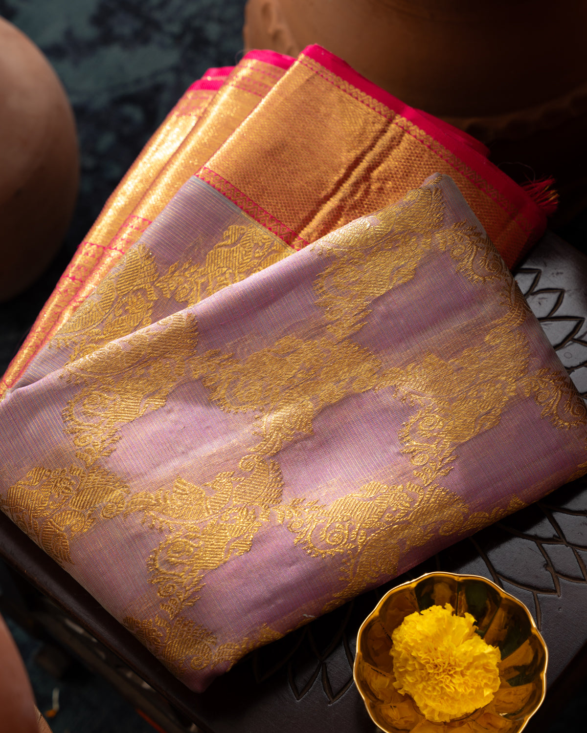 Lavender & Pink Kanchipuram Kora Silk Saree With Gold Zari Weaves