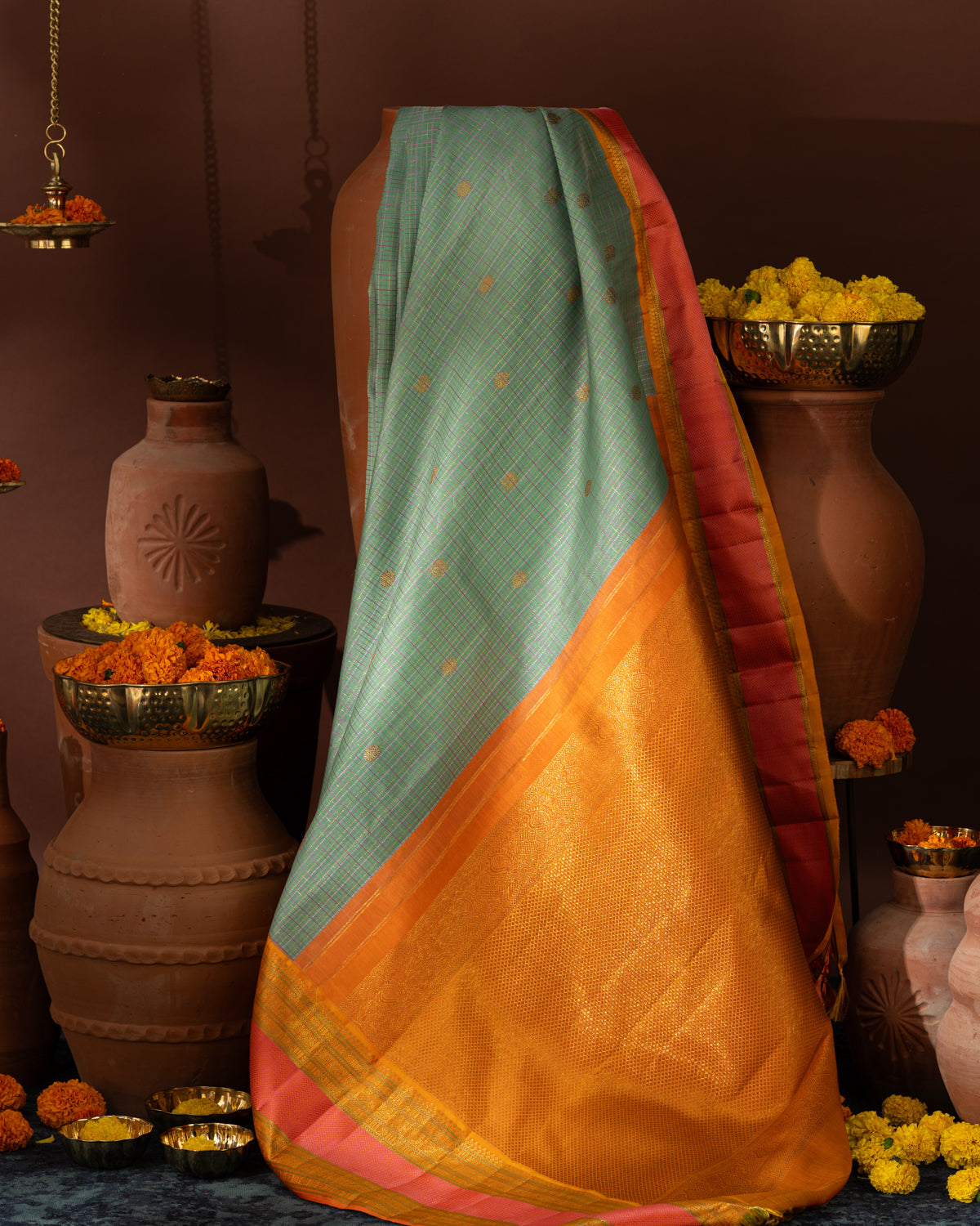 Pastel Green Kanchipuram Kora Saree With Zari Checks & Golden Butta