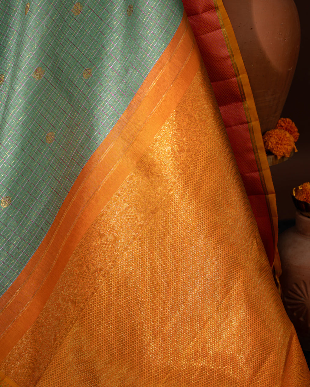 Pastel Green Kanchipuram Kora Saree With Zari Checks & Golden Butta