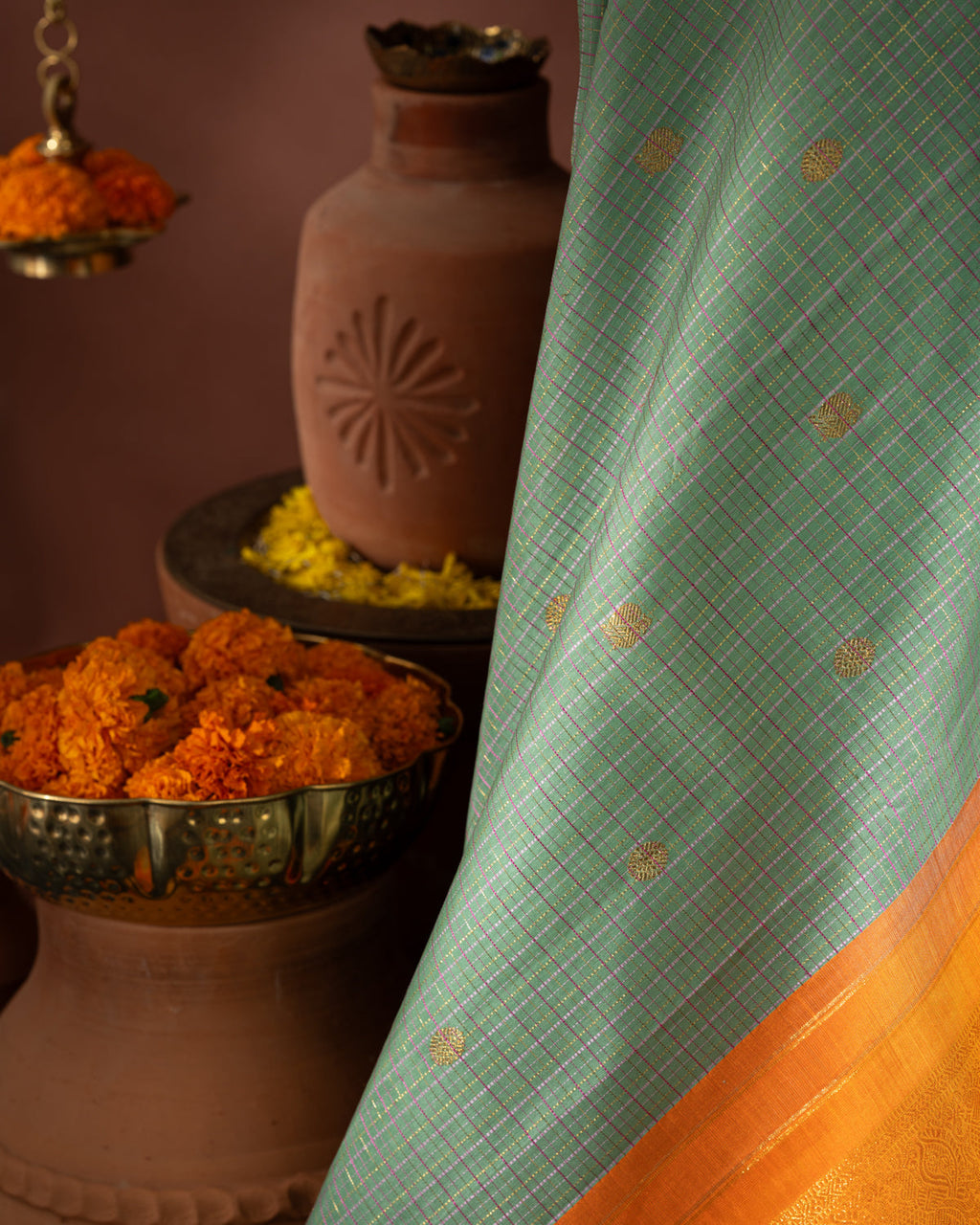 Pastel Green Kanchipuram Kora Saree With Zari Checks & Golden Butta