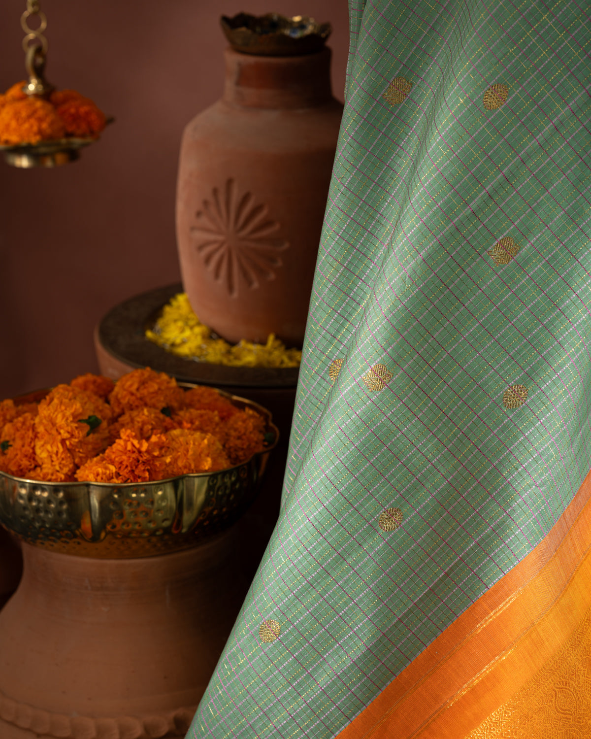 Pastel Green Kanchipuram Kora Saree With Zari Checks & Golden Butta