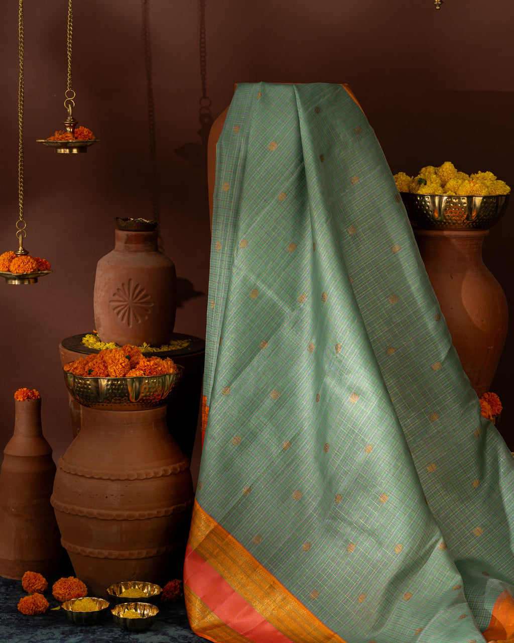 Pastel Green Kanchipuram Kora Saree With Zari Checks & Golden Butta