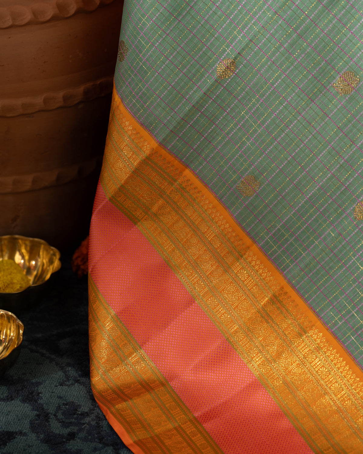Pastel Green Kanchipuram Kora Saree With Zari Checks & Golden Butta