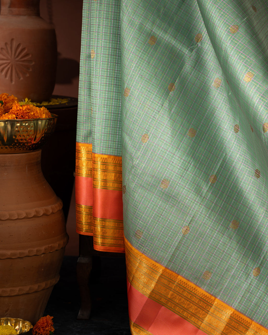 Pastel Green Kanchipuram Kora Saree With Zari Checks & Golden Butta
