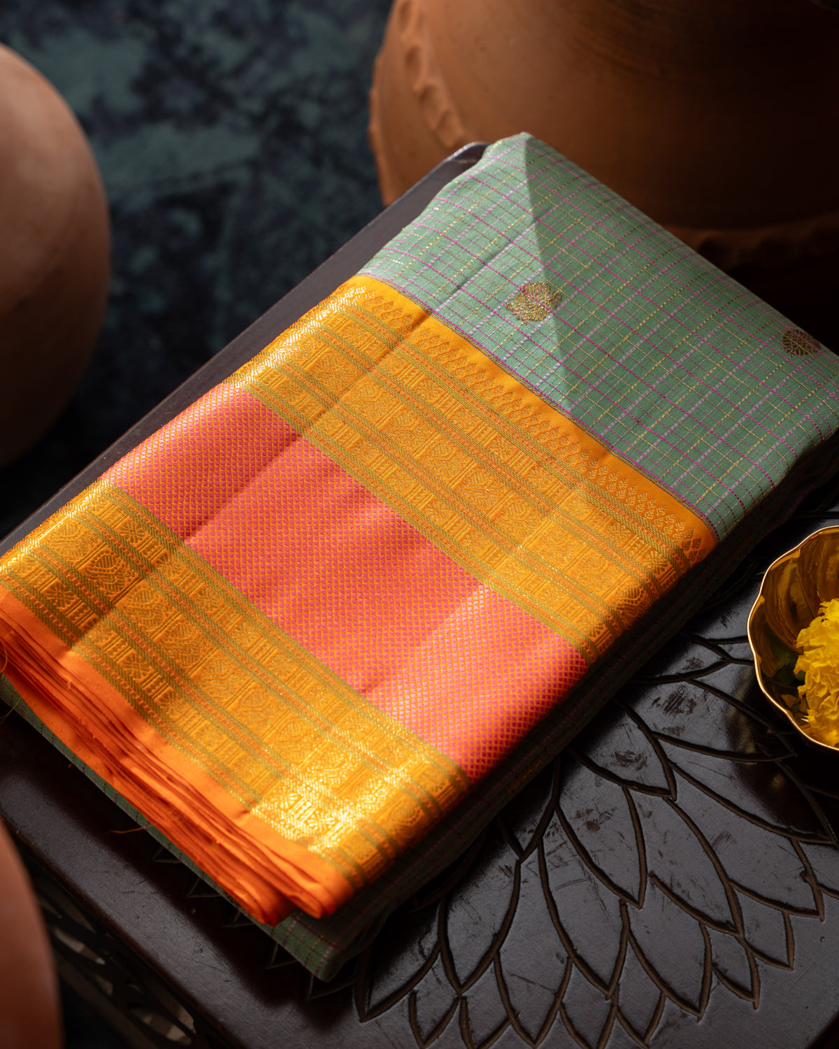 Pastel Green Kanchipuram Kora Saree With Zari Checks & Golden Butta