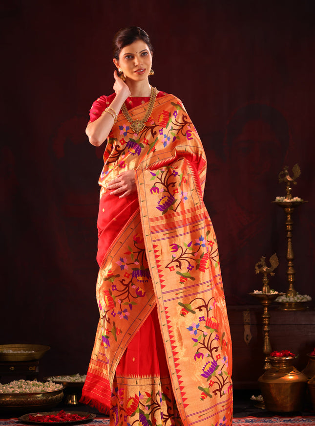 Red Pure Paithani Silk Saree With Mina Weaves