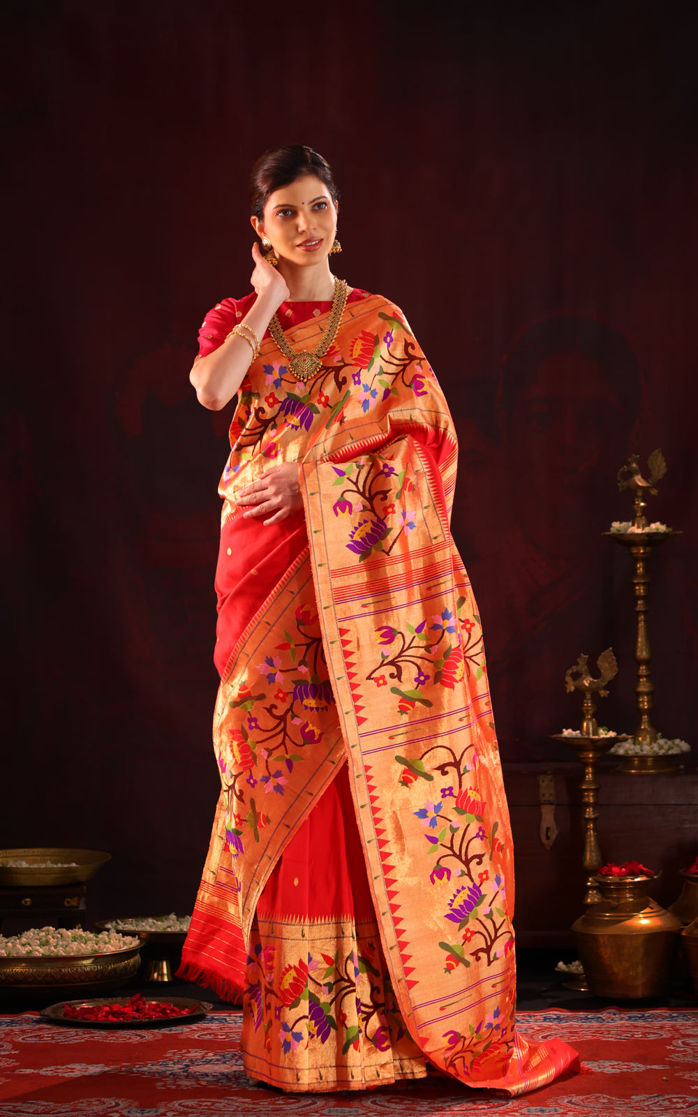Red Pure Paithani Silk Saree With Mina Weaves