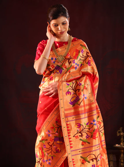 Red Pure Paithani Silk Saree With Mina Weaves