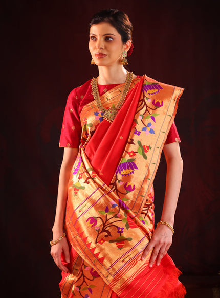 Red Pure Paithani Silk Saree With Mina Weaves