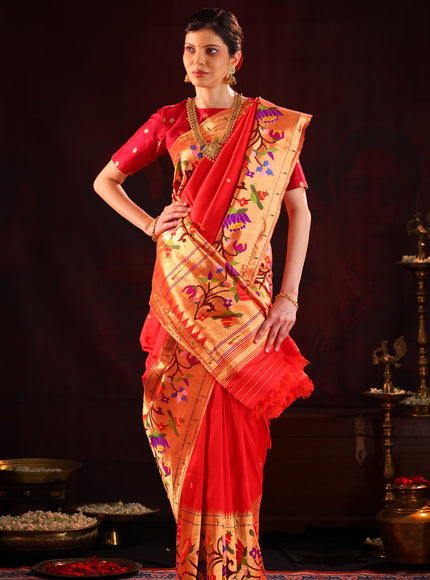 Red Pure Paithani Silk Saree With Mina Weaves