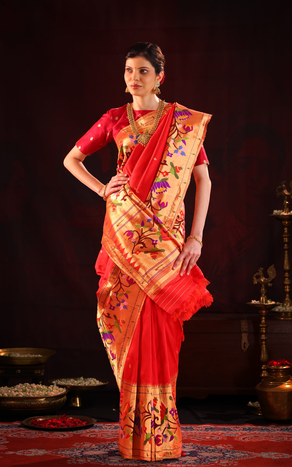 Red Pure Paithani Silk Saree With Mina Weaves