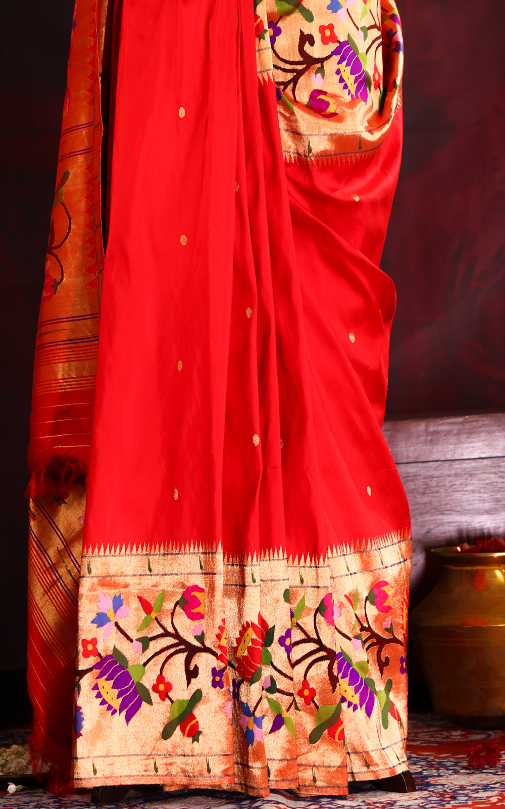 Red Pure Paithani Silk Saree With Mina Weaves
