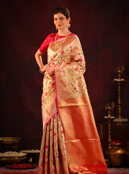 Golden Tissue Kanchipuram Silk Saree With Floral Embroidery
