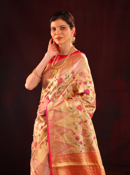 Golden Tissue Kanchipuram Silk Saree With Floral Embroidery