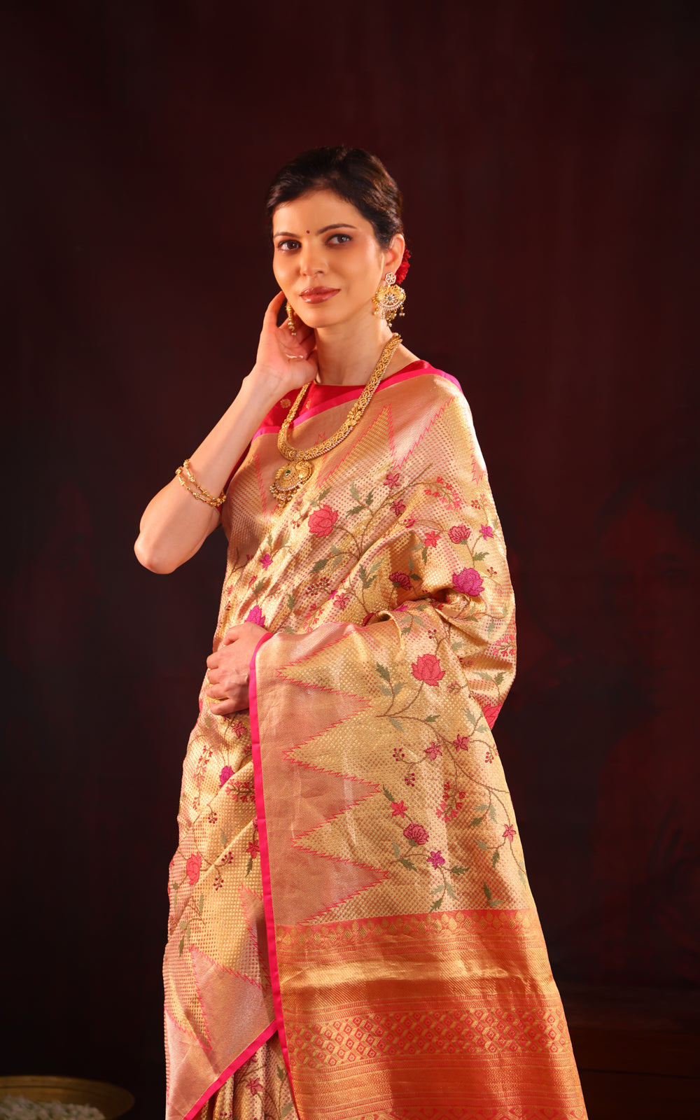 Golden Tissue Kanchipuram Silk Saree With Floral Embroidery
