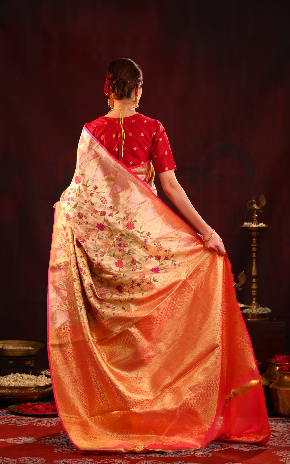 Golden Tissue Kanchipuram Silk Saree With Floral Embroidery