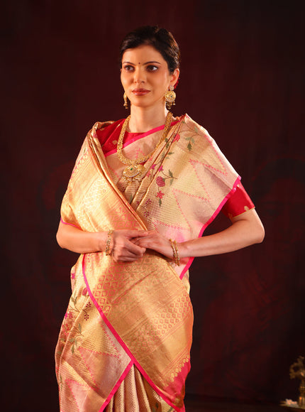 Golden Tissue Kanchipuram Silk Saree With Floral Embroidery