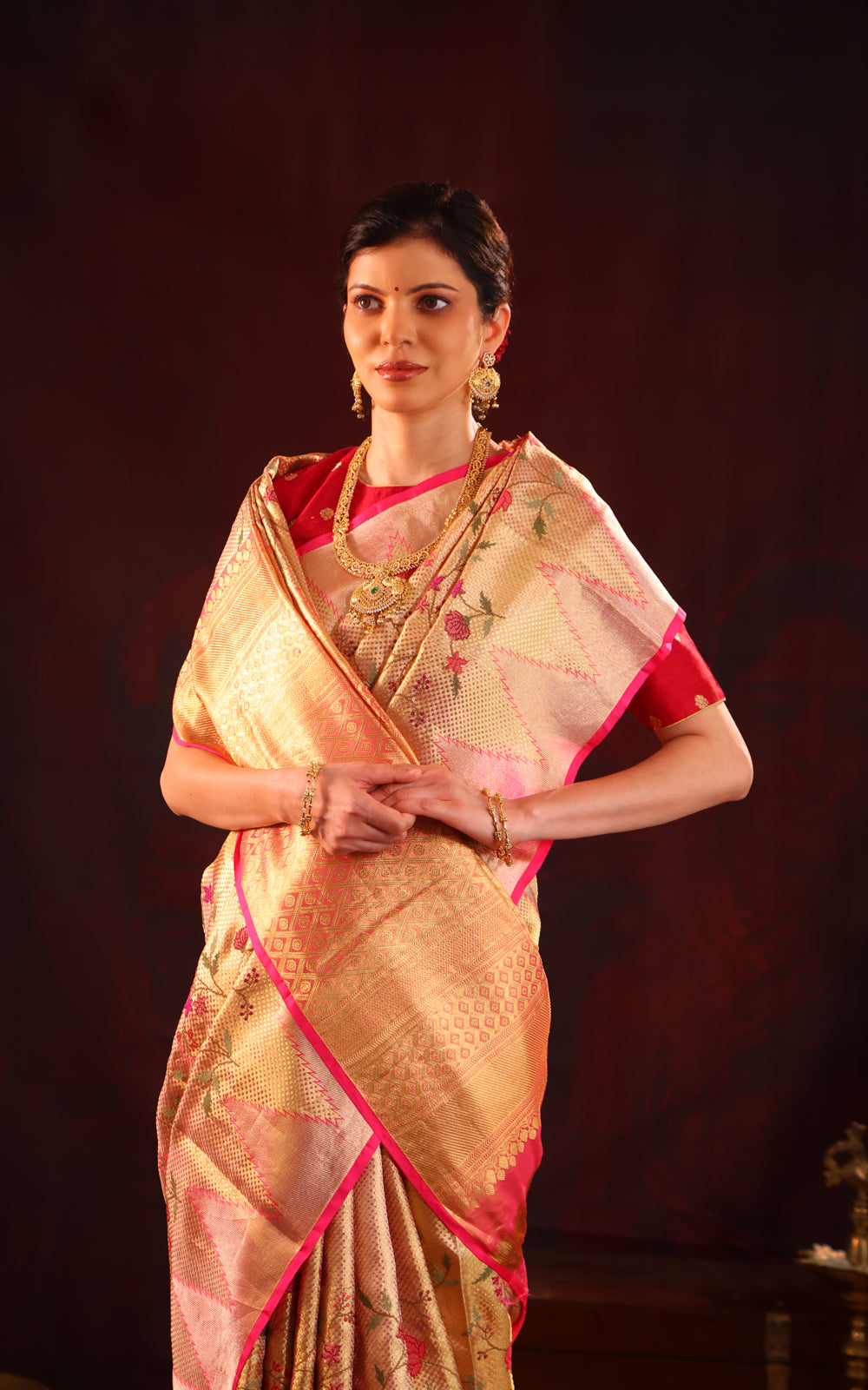 Golden Tissue Kanchipuram Silk Saree With Floral Embroidery