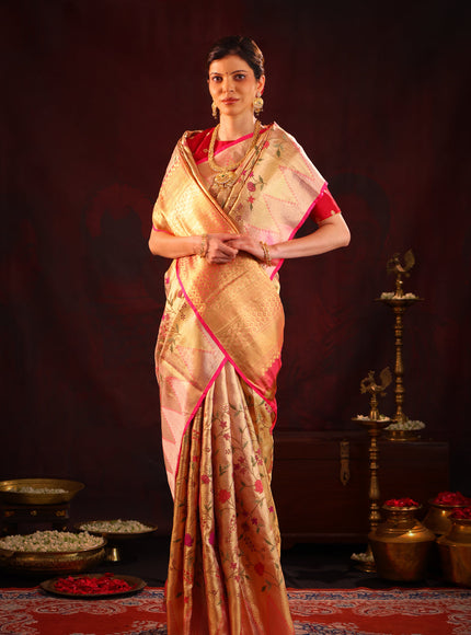 Golden Tissue Kanchipuram Silk Saree With Floral Embroidery