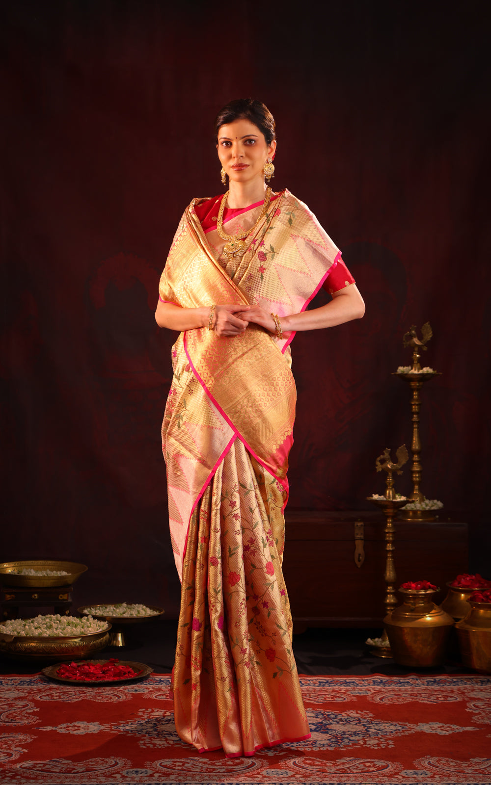 Golden Tissue Kanchipuram Silk Saree With Floral Embroidery
