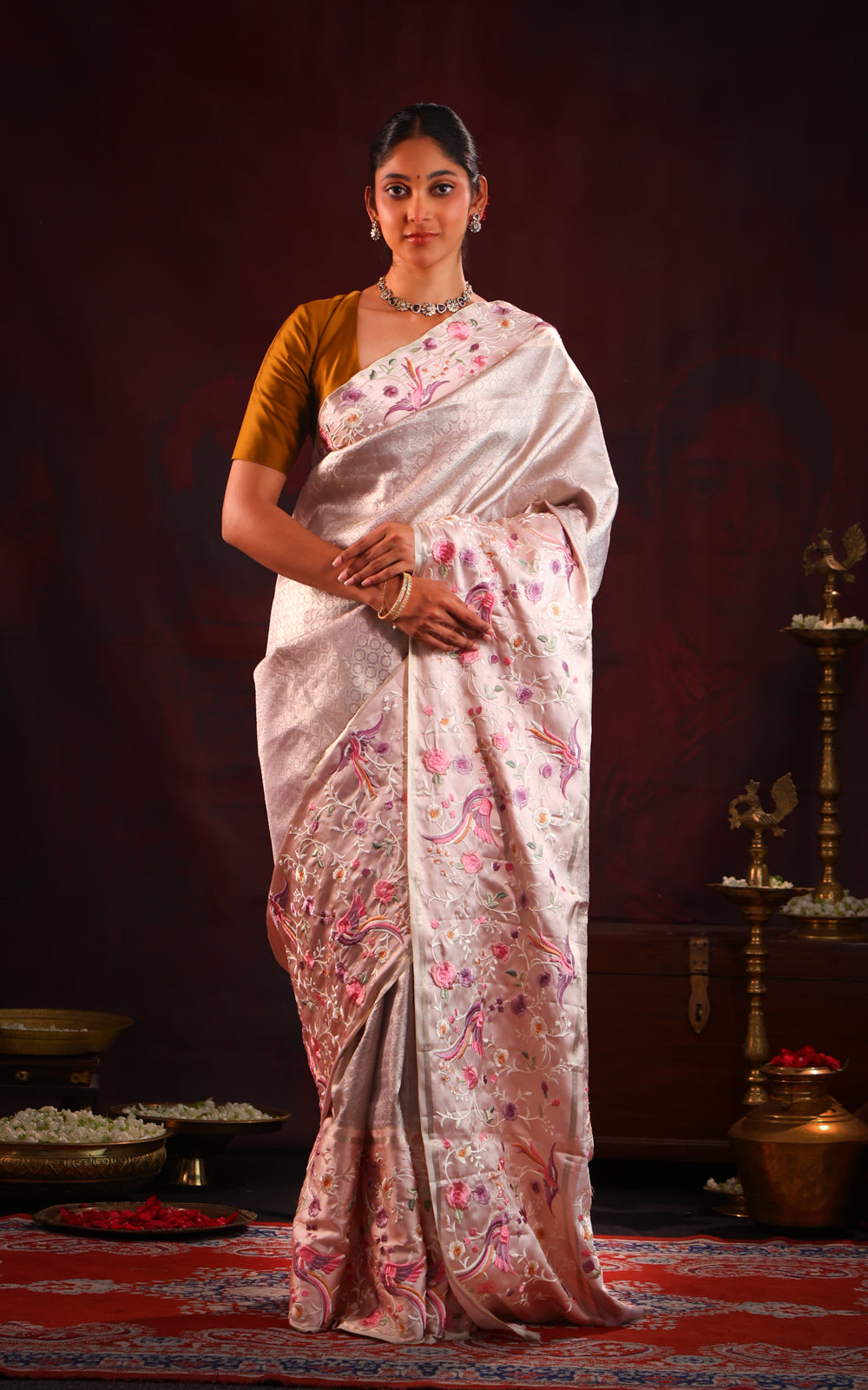 Mauve Tissue Kanchipuram With Rich Parsi Embroidery And Allover Brocade Weaving