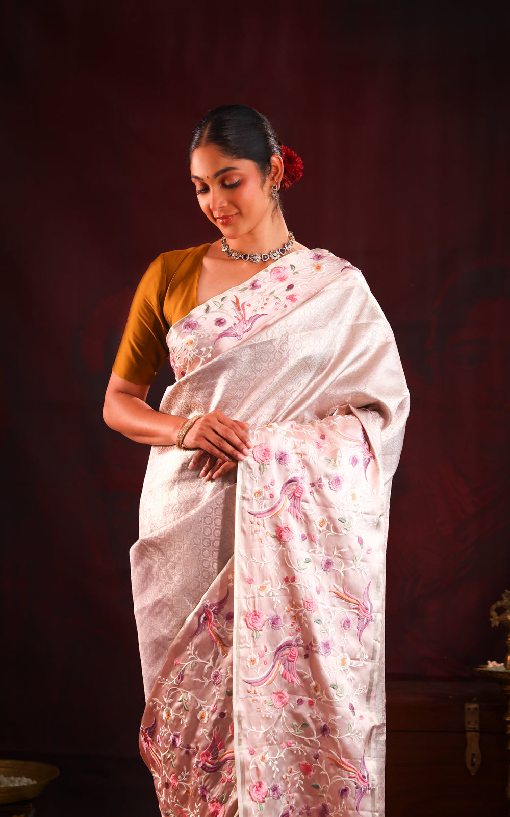 Mauve Tissue Kanchipuram With Rich Parsi Embroidery And Allover Brocade Weaving