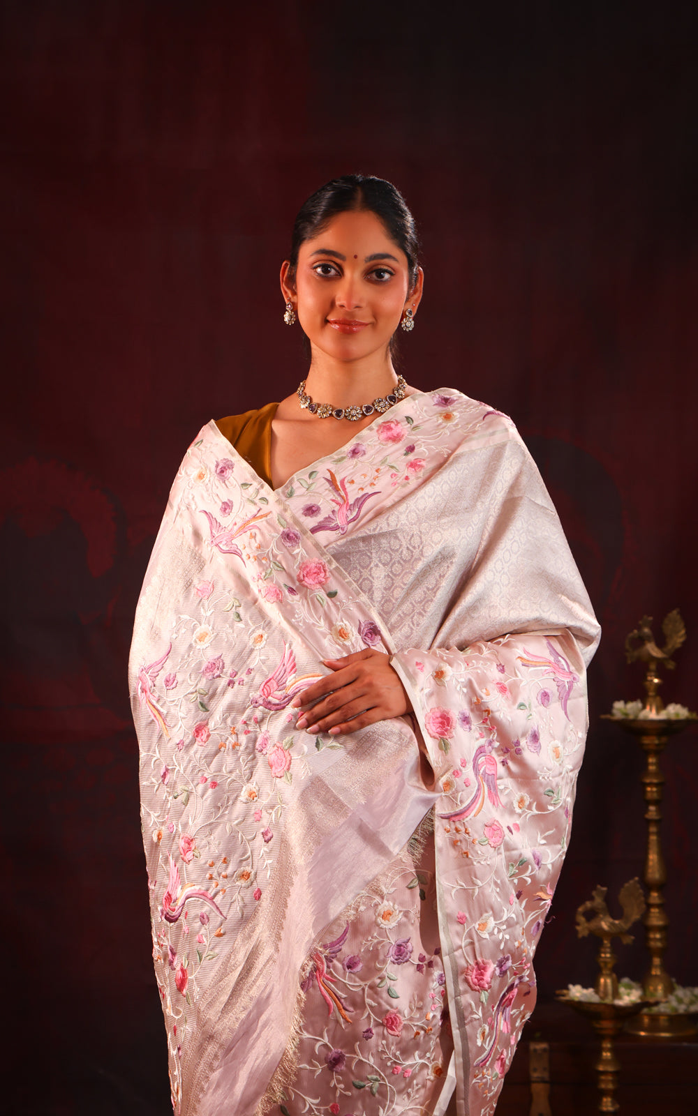 Mauve Tissue Kanchipuram With Rich Parsi Embroidery And Allover Brocade Weaving