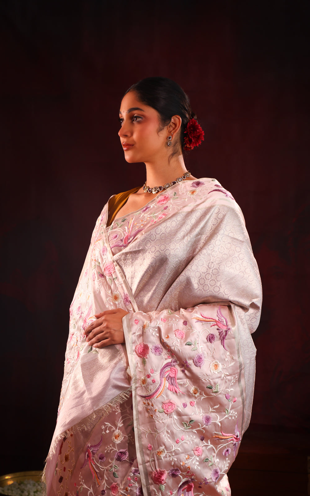 Mauve Tissue Kanchipuram With Rich Parsi Embroidery And Allover Brocade Weaving