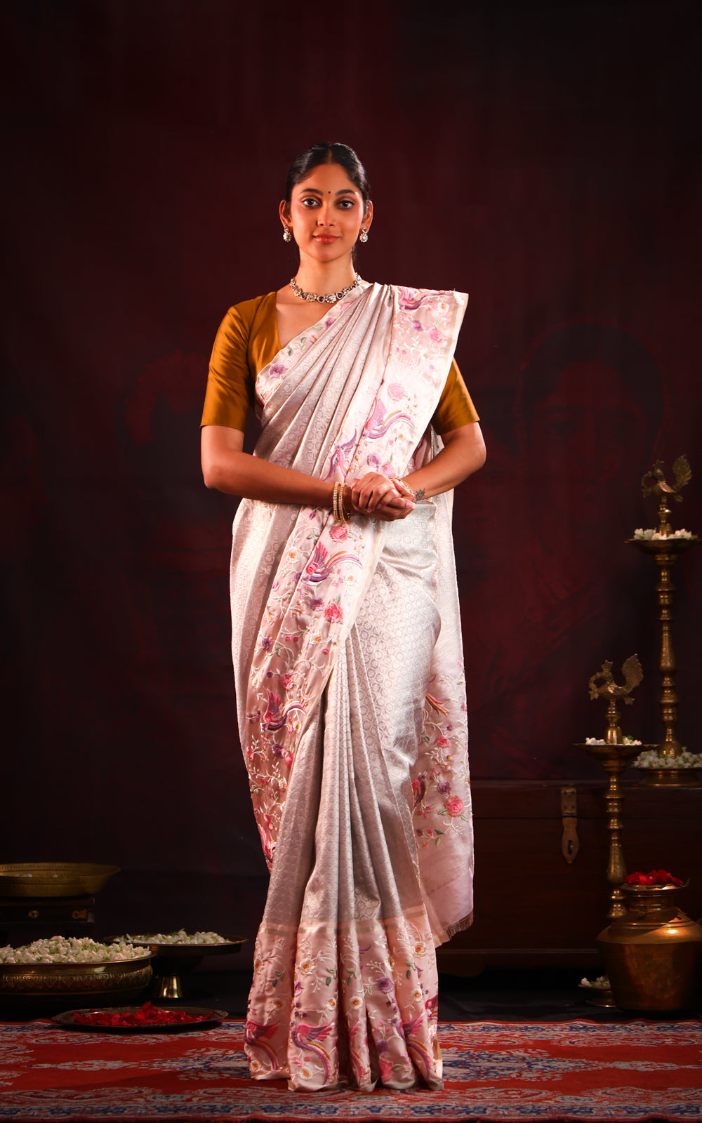 Mauve Tissue Kanchipuram With Rich Parsi Embroidery And Allover Brocade Weaving