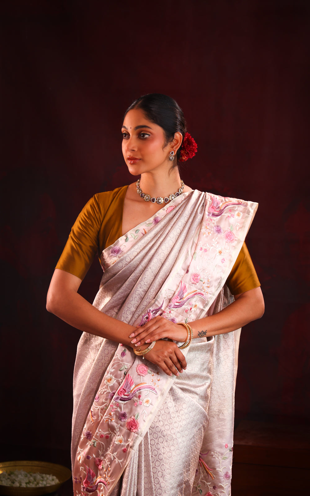 Mauve Tissue Kanchipuram With Rich Parsi Embroidery And Allover Brocade Weaving