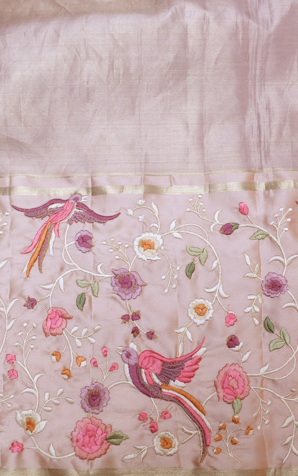 Mauve Tissue Kanchipuram With Rich Parsi Embroidery And Allover Brocade Weaving
