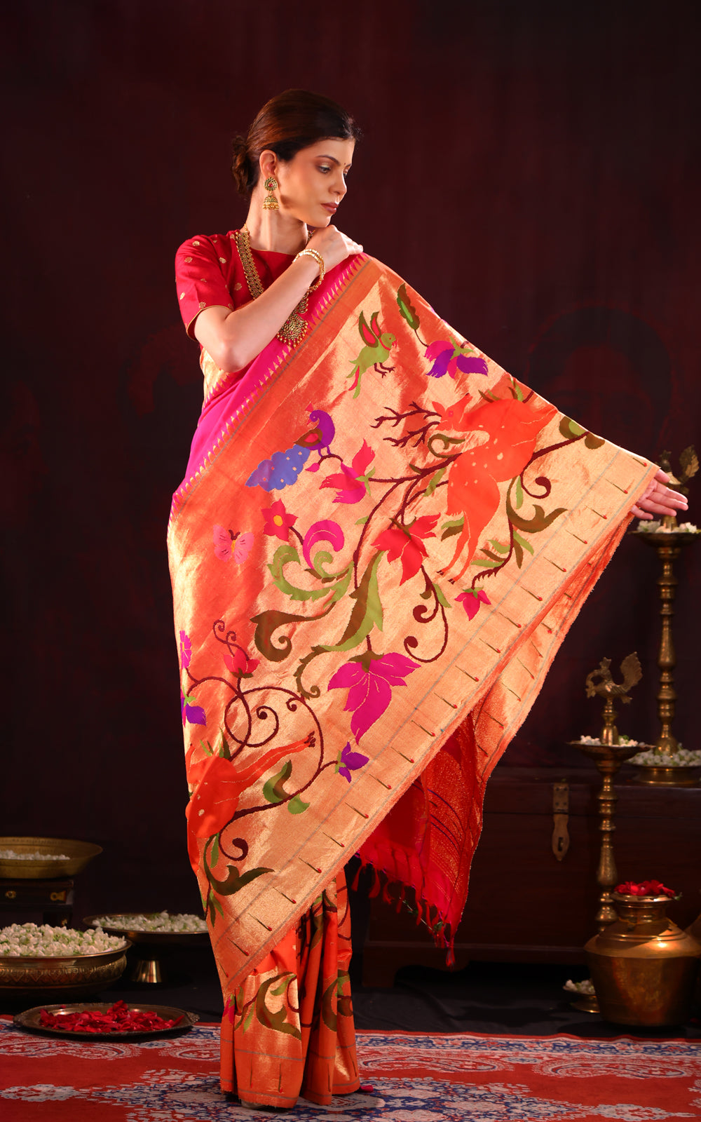 Rani Pink Pure Paithani Silk Saree With Mina Weaves