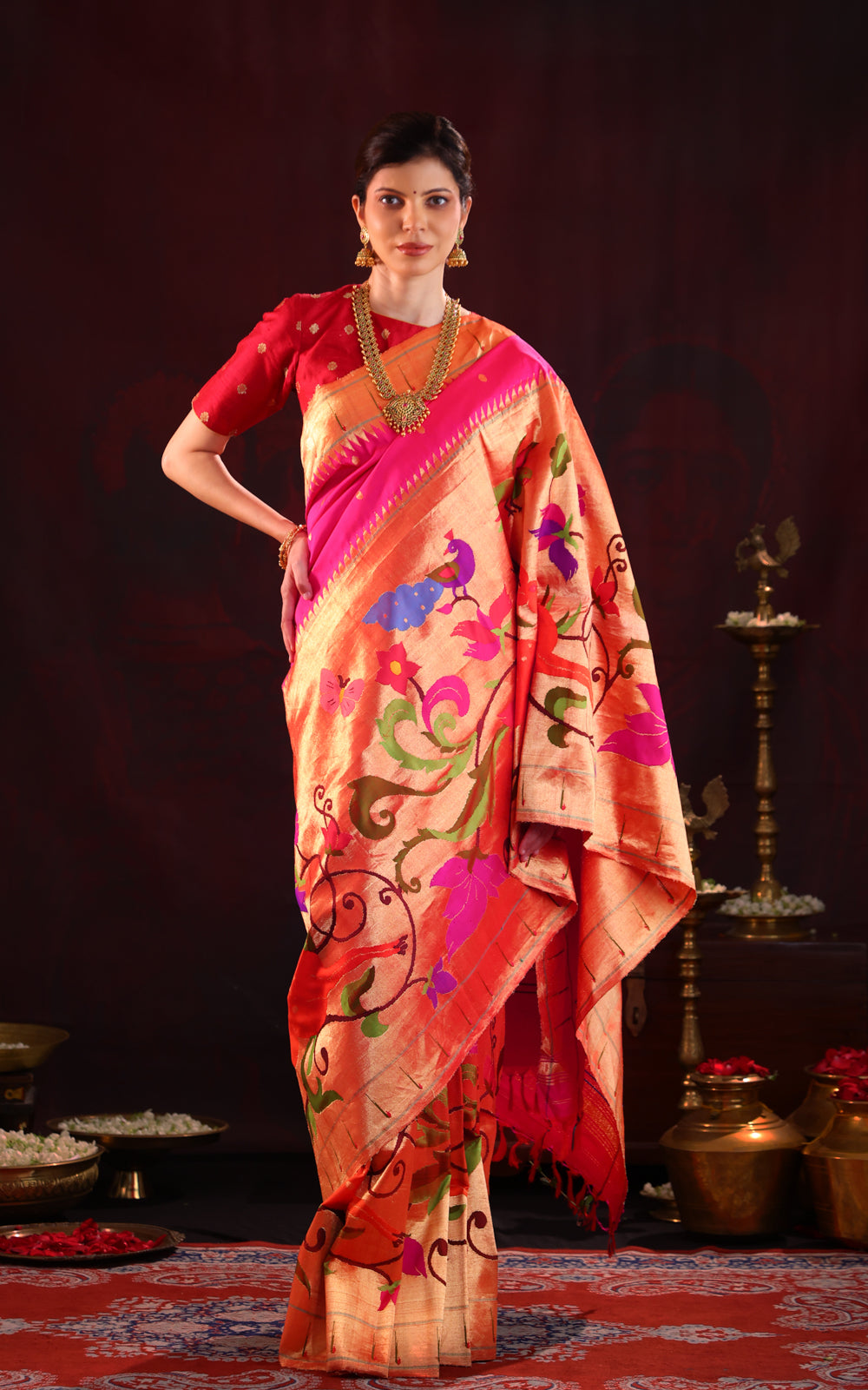 Rani Pink Pure Paithani Silk Saree With Mina Weaves
