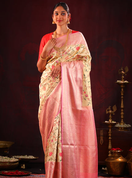Golden Tissue Kanchipuram Silk Saree With Embroidery Work & Contrast Pallu