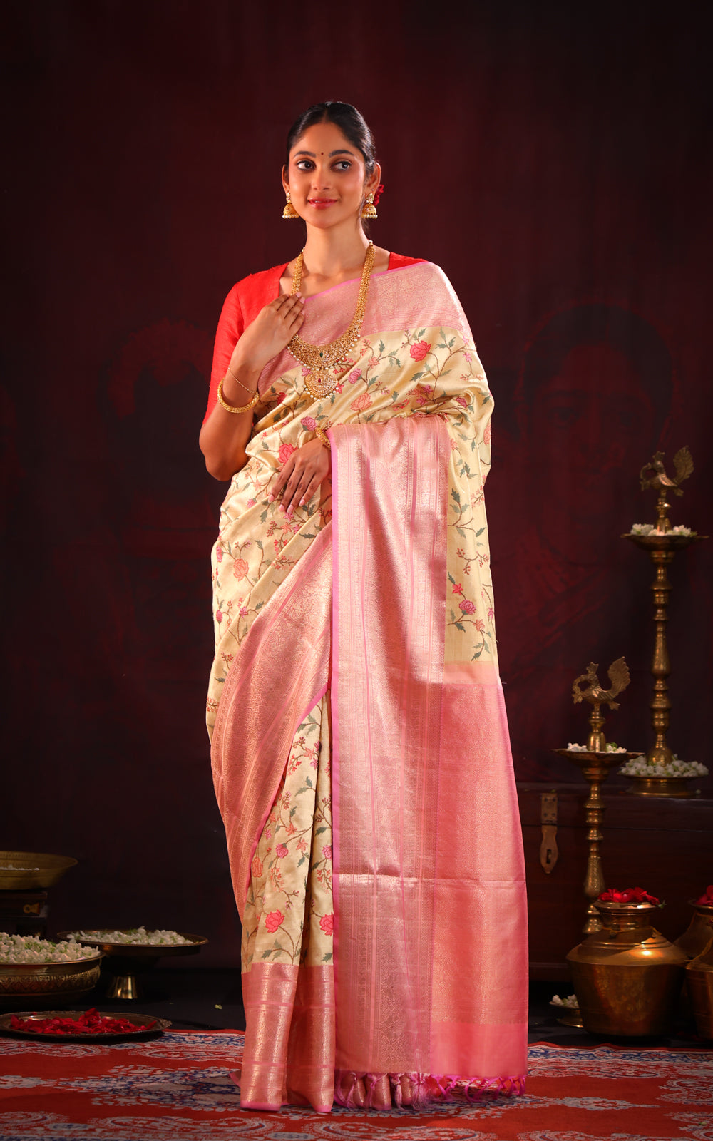 Golden Tissue Kanchipuram Silk Saree With Embroidery Work & Contrast Pallu