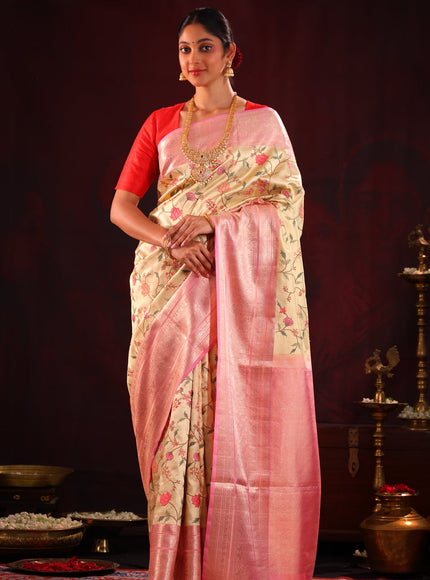 Golden Tissue Kanchipuram Silk Saree With Embroidery Work & Contrast Pallu