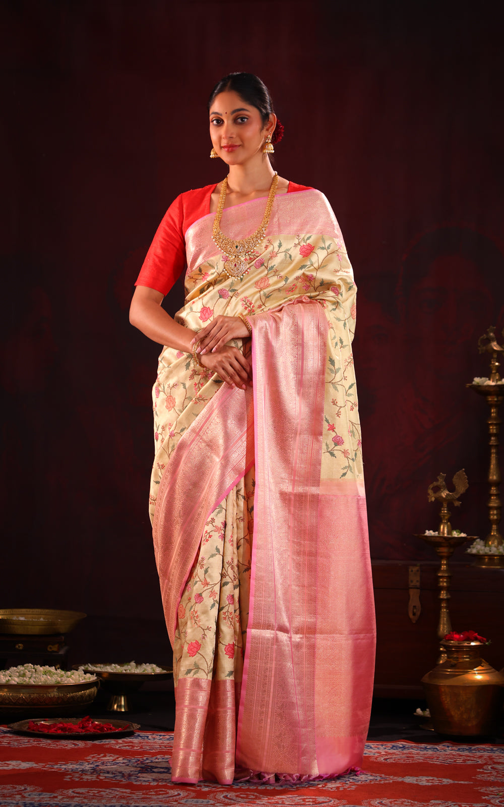 Golden Tissue Kanchipuram Silk Saree With Embroidery Work & Contrast Pallu