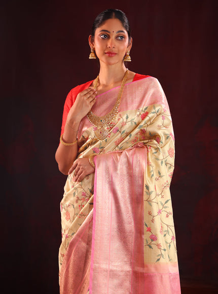 Golden Tissue Kanchipuram Silk Saree With Embroidery Work & Contrast Pallu