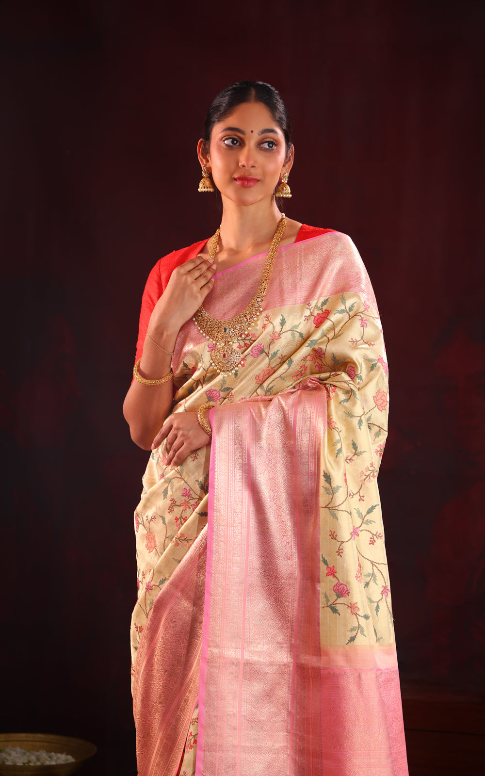 Golden Tissue Kanchipuram Silk Saree With Embroidery Work & Contrast Pallu