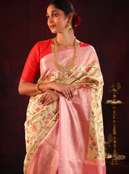 Golden Tissue Kanchipuram Silk Saree With Embroidery Work & Contrast Pallu