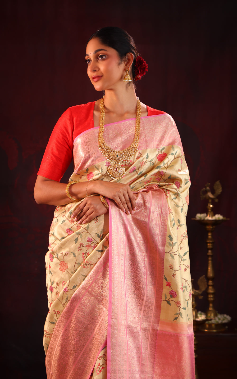 Golden Tissue Kanchipuram Silk Saree With Embroidery Work & Contrast Pallu