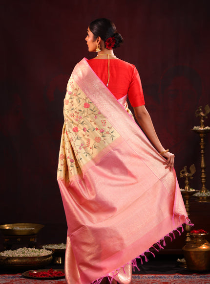Golden Tissue Kanchipuram Silk Saree With Embroidery Work & Contrast Pallu