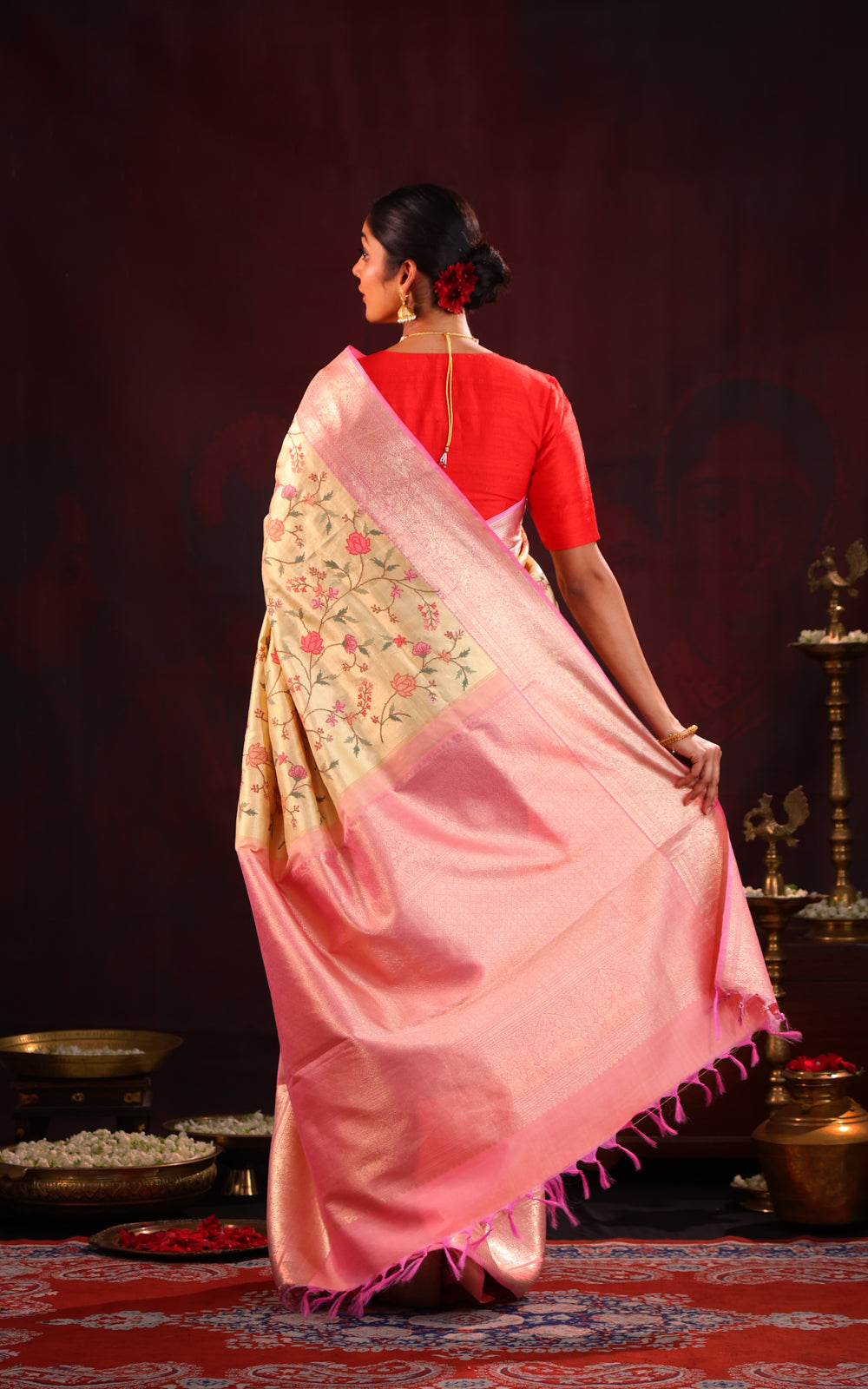 Golden Tissue Kanchipuram Silk Saree With Embroidery Work & Contrast Pallu