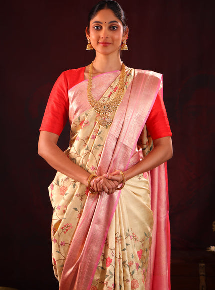 Golden Tissue Kanchipuram Silk Saree With Embroidery Work & Contrast Pallu