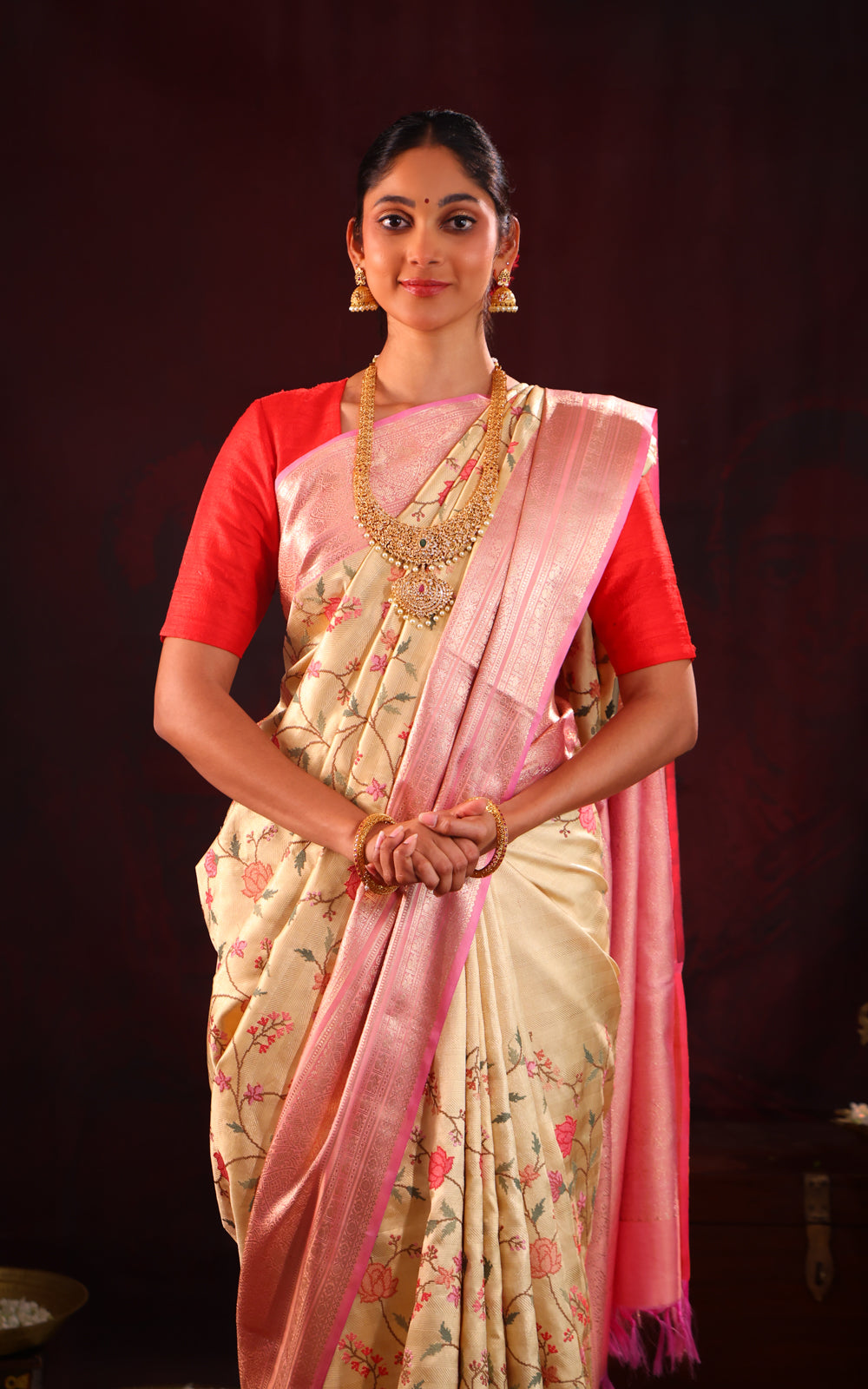 Golden Tissue Kanchipuram Silk Saree With Embroidery Work & Contrast Pallu