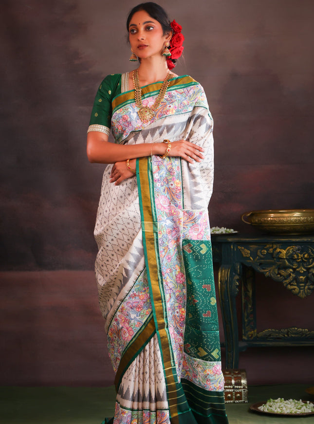Off White & Green Rajkot Patola Silk Saree With Convent Embroidery