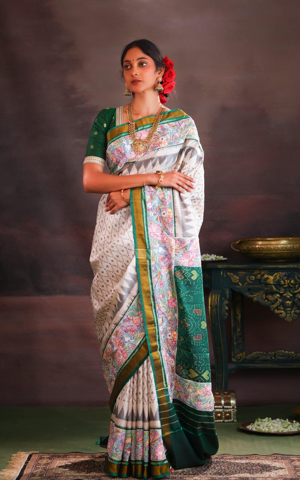 Off White & Green Rajkot Patola Silk Saree With Convent Embroidery